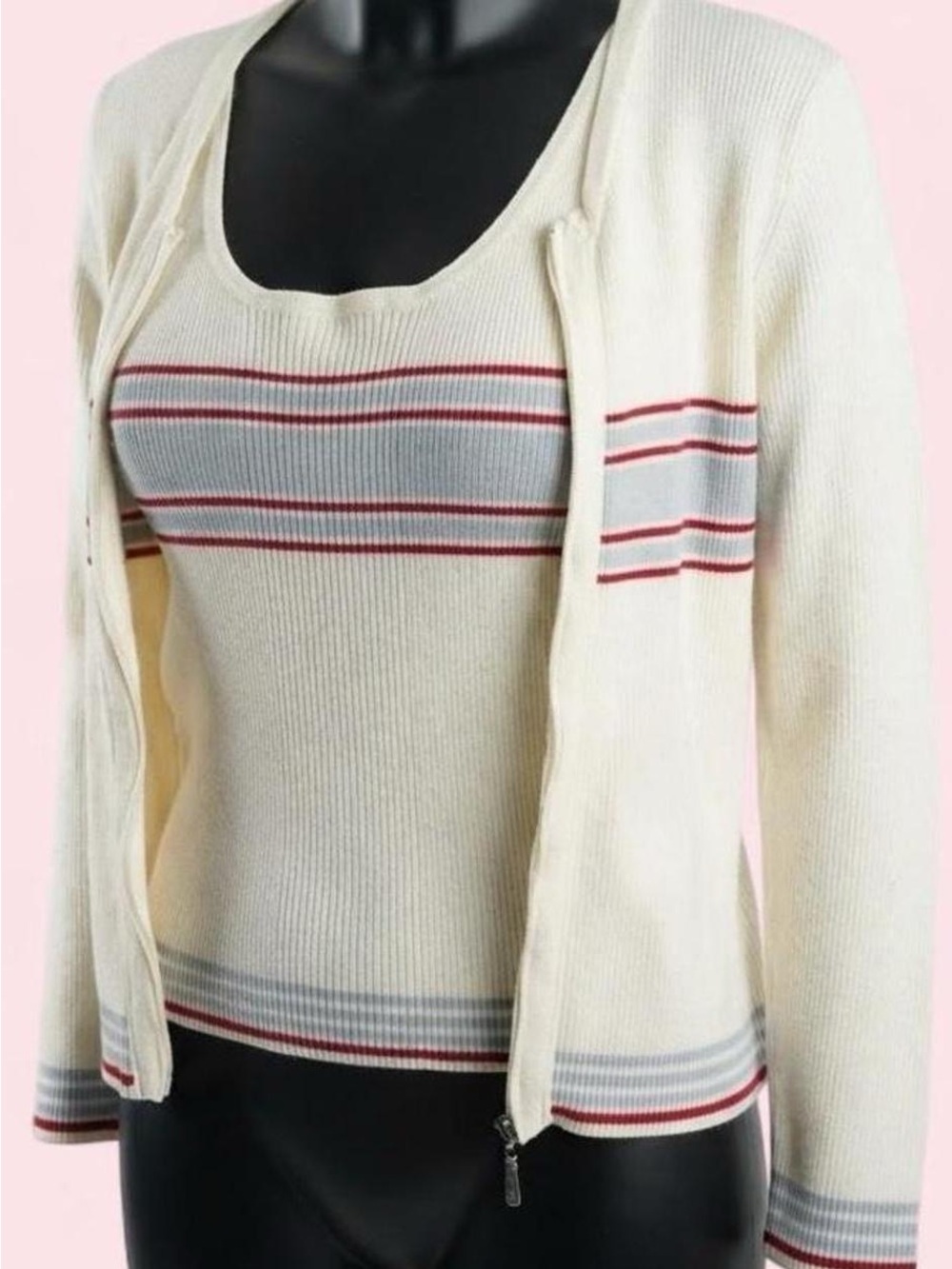 Faded Glory Vintage Cream Zip-Front Ribbed Cardigan Set With Red and Gray Stripe